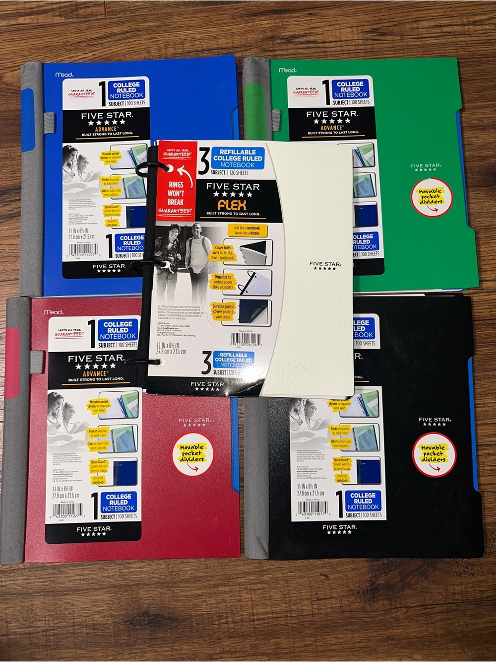 Set of 5 - Five Star Notebooks including Advance and Flex College Ruled